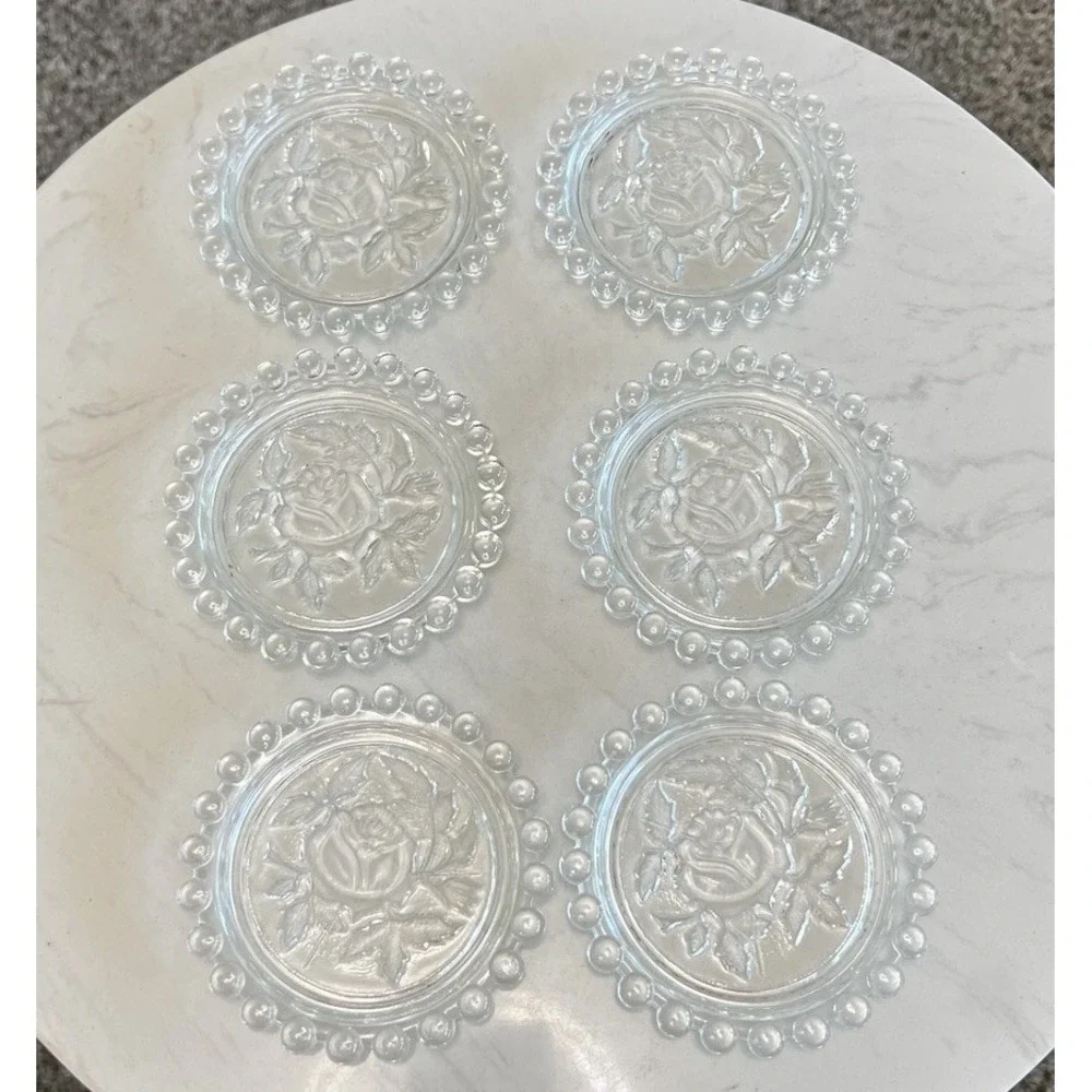 Vtg Clear Glass Rose Coasters 6 Beaded Edge Floral 4